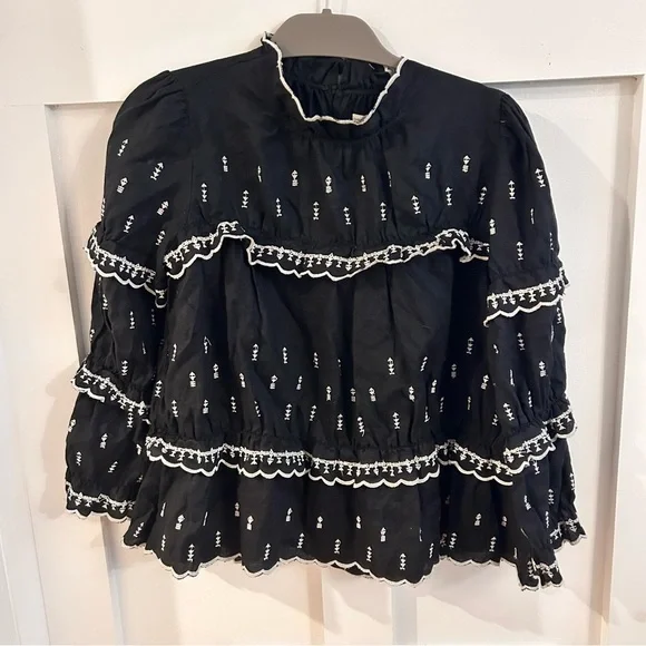 ISABEL MARANT ÉTOILE Daniela Boxy Embroidered Ruffle Blouse, Black - Picture 2 of 8
